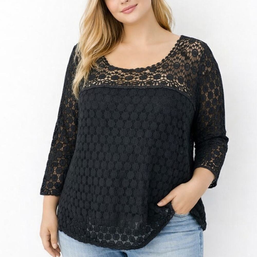 2/$30 Solitaire by Ravi Khosla Lace Crochet Top Black Plus Size 2X
